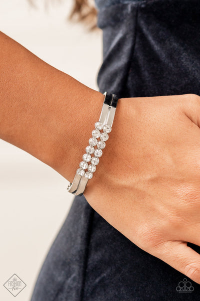 Doubled Down Dazzle - Paparazzi - White Rhinestone Silver Hinge Fashion Fix Bracelet