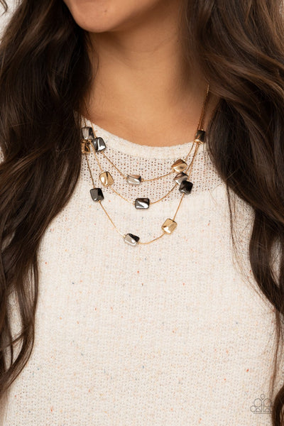 Downtown Reflections - Paparazzi - Gold Gunmetal and Silver Rectangle Bead Necklace