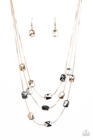 Downtown Reflections - Paparazzi - Gold Gunmetal and Silver Rectangle Bead Necklace