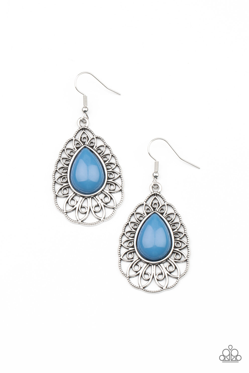 Dream STAYCATION - Paparazzi - Blue Teardrop Bead Silver Filigree Earrings