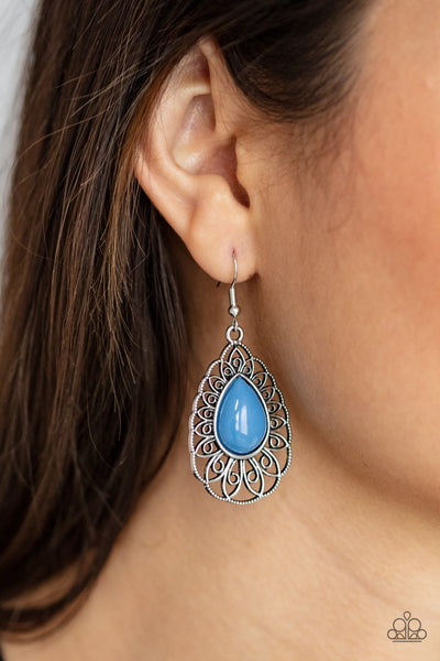 Dream STAYCATION - Paparazzi - Blue Teardrop Bead Silver Filigree Earrings