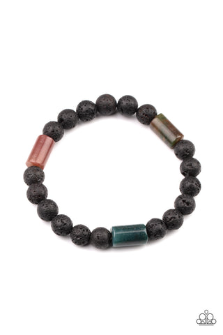 Earthy Energy - Paparazzi - Green Red and Blue Stone Black Lava Bead Stretchy Bracelet