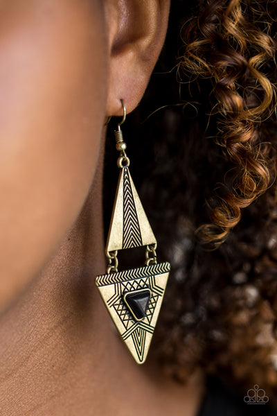 El Paso Edge - Paparazzi - Brass Triangular Tribal Black Stone Earrings