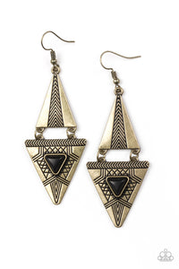 El Paso Edge - Paparazzi - Brass Triangular Tribal Black Stone Earrings