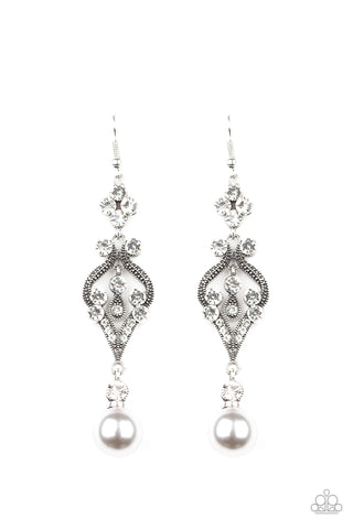 Elegantly Extravagant - Paparazzi - Silver Pearl Floral Frame Rhinestone Earrings