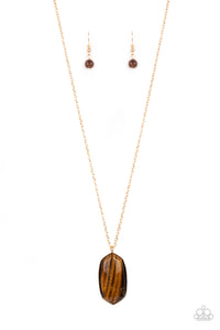 Elemental Elegance - Paparazzi - Brown Tiger's Eye Stone Pendant Gold Necklace