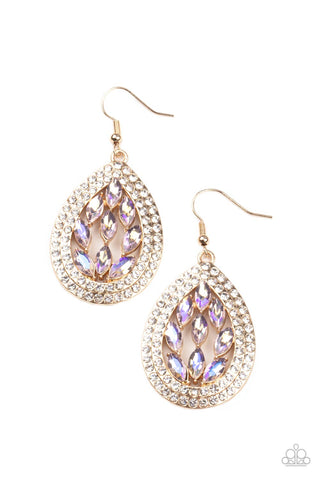 Encased Elegance - Paparazzi - Gold Frame Iridescent Rhinestone Teardrop Earrings