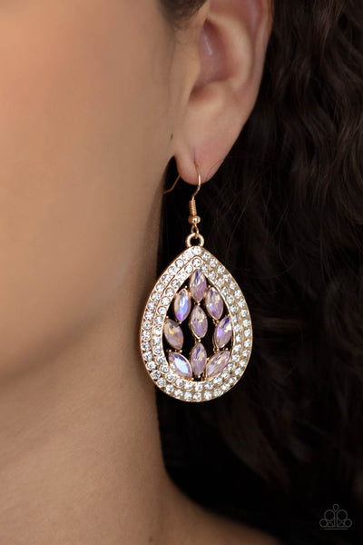 Encased Elegance - Paparazzi - Gold Frame Iridescent Rhinestone Teardrop Earrings