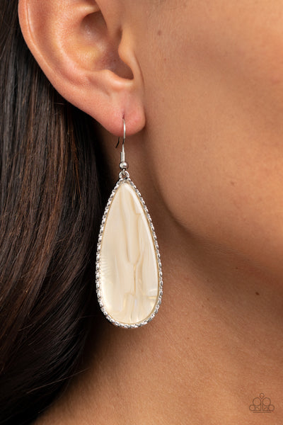 Ethereal Eloquence - Paparazzi - White Marble Acrylic Silver Frame Teardrop Earrings