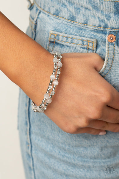 Ethereally Entangled - Paparazzi - White Moonstone Silver Bead Rhinestone Coil Bracelet