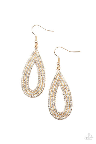 Exquisite Exaggeration - Paparazzi - Gold Teardrop White Rhinestone Earrings