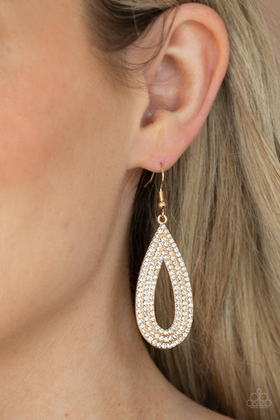 Exquisite Exaggeration - Paparazzi - Gold Teardrop White Rhinestone Earrings