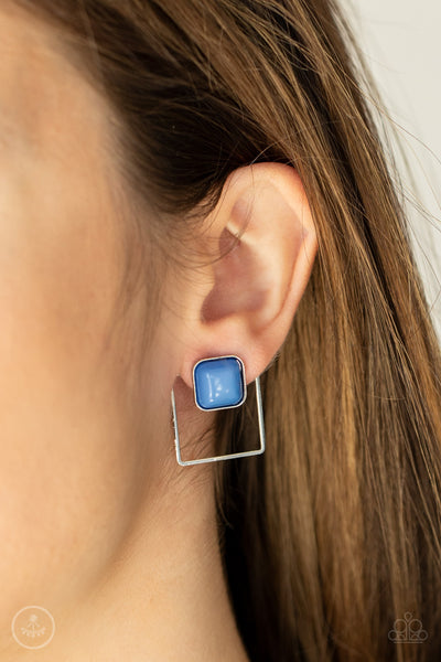 FLAIR and Square - Paparazzi - Blue Bead Silver Square Jacket Post Earrings