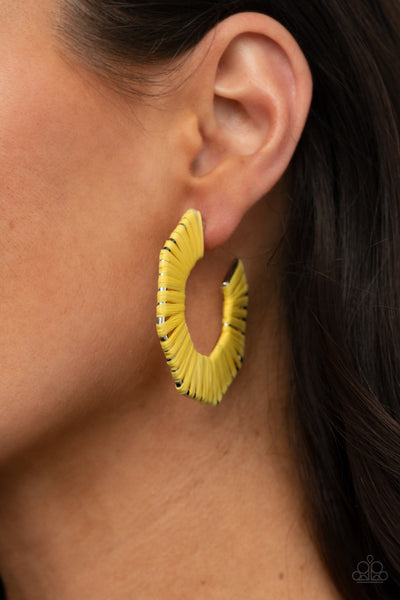 Fabulously Fiesta - Paparazzi - Yellow Wicker Hexagon Hoop Earrings