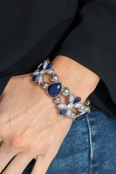 Fabulously Flourishing - Paparazzi - Blue And Silver Floral Frame Stretchy Bracelet