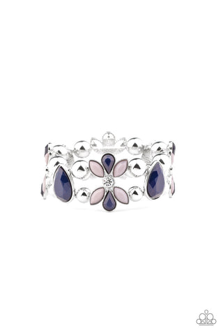 Fabulously Flourishing - Paparazzi - Blue And Silver Floral Frame Stretchy Bracelet