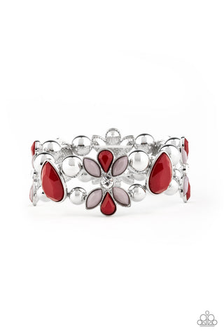 Fabulously Flourishing - Paparazzi - Red and Grey Floral Frame Stretchy Bracelet