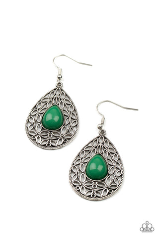 Fanciful Droplets - Paparazzi - Green Bead Silver Filigree Teardrop Earrings