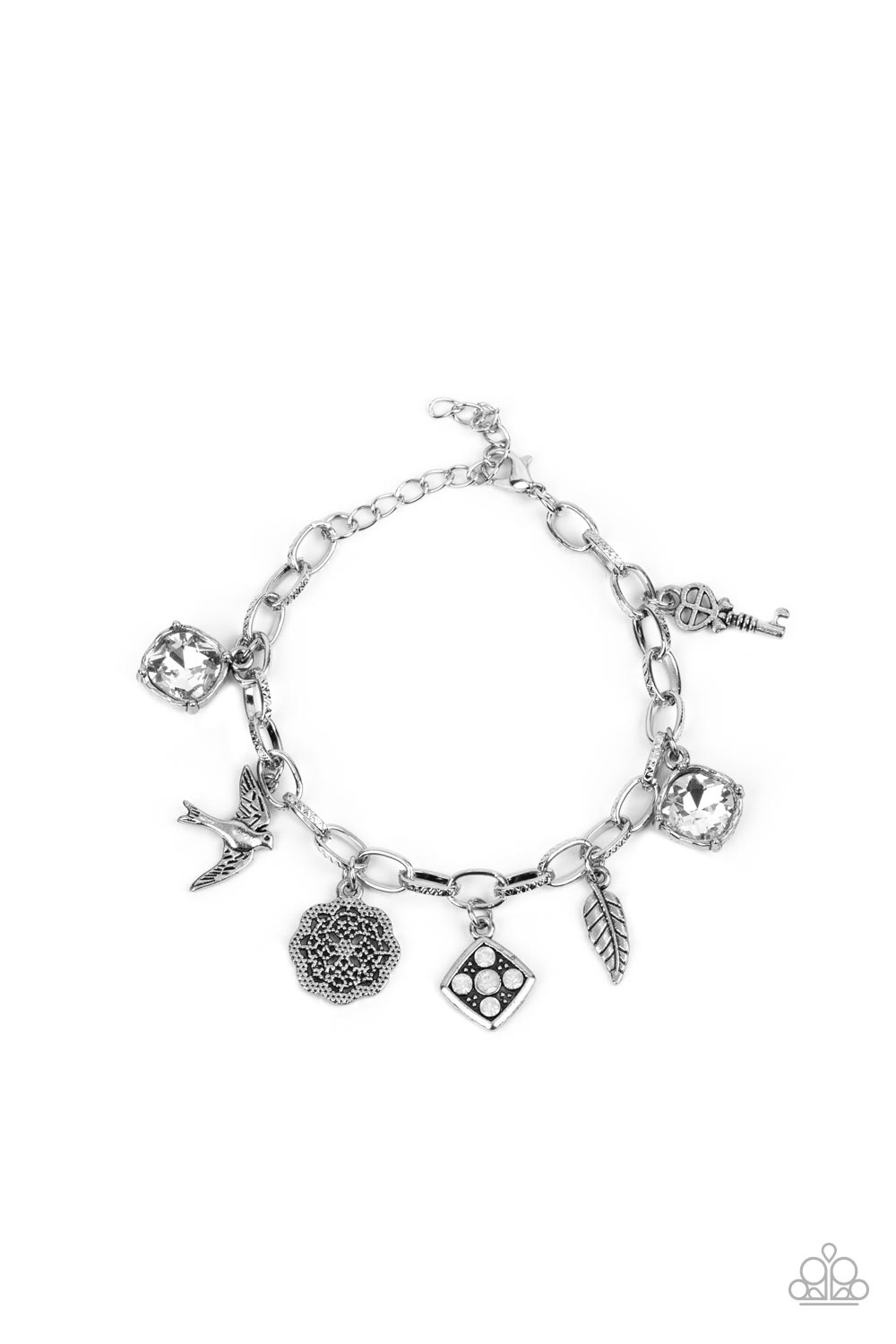 Fancifully Flighty - Paparazzi - White Rhinestone Silver Bird Feather Floral Charm Bracelet