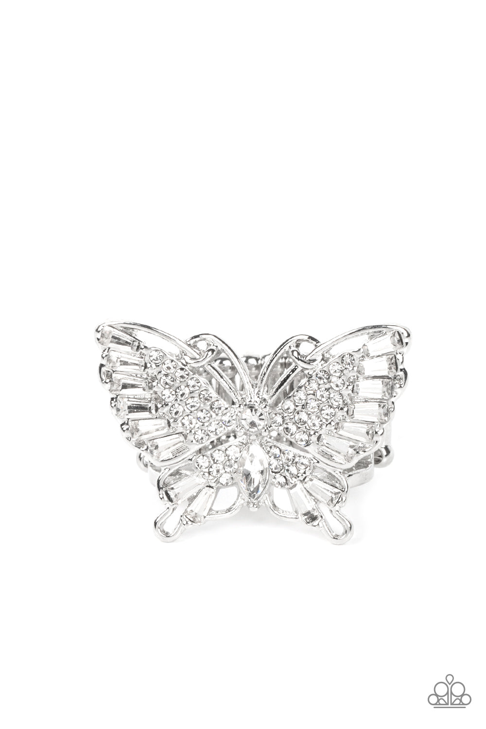 Fearless Flutter - Paparazzi - White Rhinestone Butterfly Ring