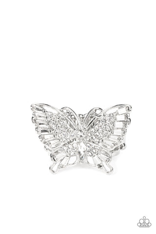 Fearless Flutter - Paparazzi - White Rhinestone Butterfly Ring