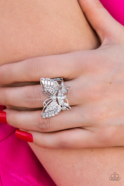 Fearless Flutter - Paparazzi - White Rhinestone Butterfly Ring