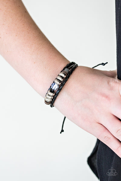 Fearless Forester - Paparazzi - Black Leather Urban Floral Bead Sliding Knot Bracelet