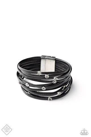 Fearlessly Layered - Paparazzi - Black Leather Silver Accent Magnetic Bracelet