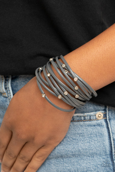 Fearlessly Layered - Paparazzi - Silver Gray Leather White Rhinestone Magnetic Bracelet