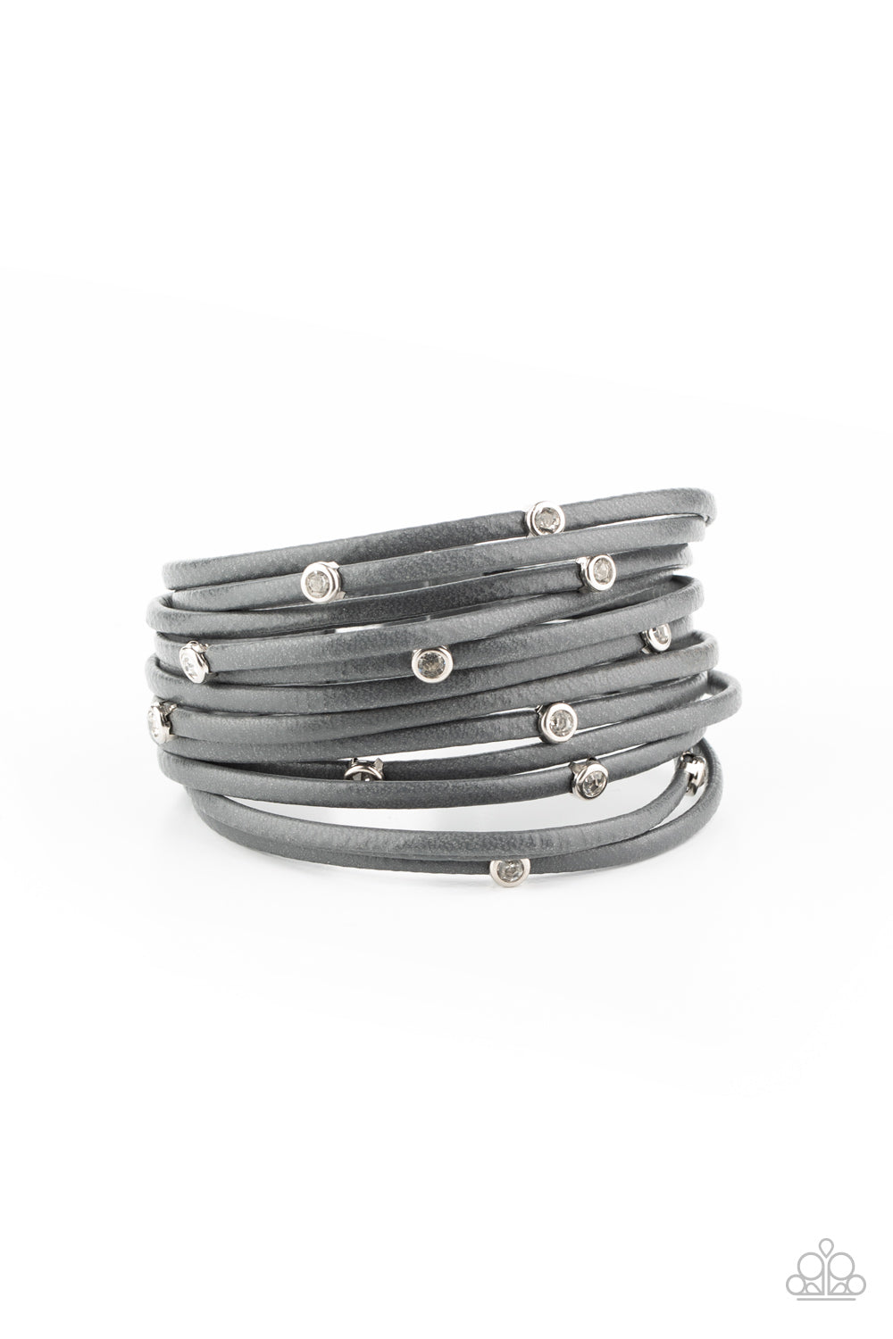 Fearlessly Layered - Paparazzi - Silver Gray Leather White Rhinestone Magnetic Bracelet