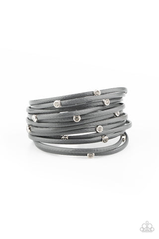 Fearlessly Layered - Paparazzi - Silver Gray Leather White Rhinestone Magnetic Bracelet