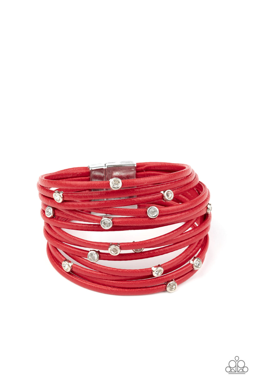 Fearlessly Layered - Paparazzi - Red Leather Cord Rhinestone Magnetic Bracelet