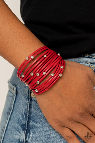 Fearlessly Layered - Paparazzi - Red Leather Cord Rhinestone Magnetic Bracelet