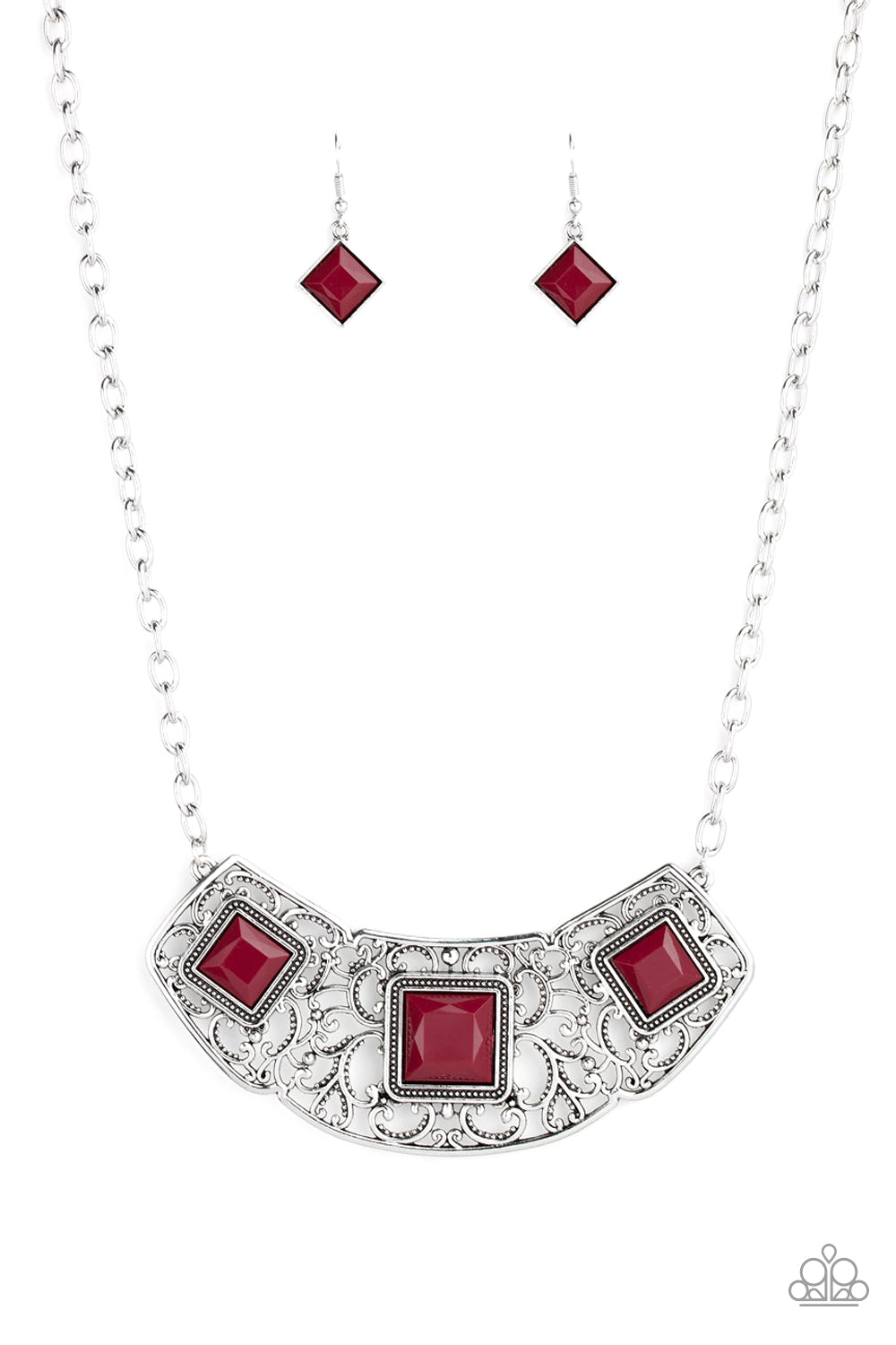 Feeling Inde-PENDANT - Paparazzi - Red Bead Silver Filigree Necklace