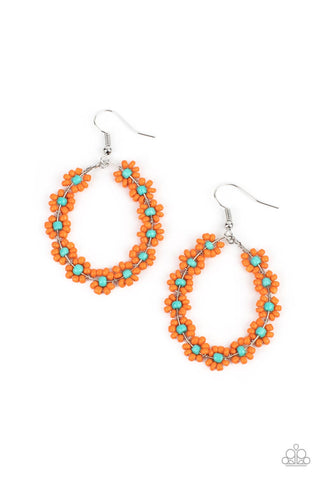 Festively Flower Child - Paparazzi - Orange and Turquoise Seed Bead Flower Earrings