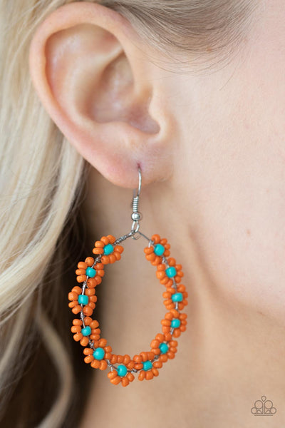 Festively Flower Child - Paparazzi - Orange and Turquoise Seed Bead Flower Earrings