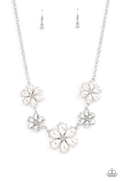 Fiercely Flowering - Paparazzi - White Pearl and Rhinestone Flower Life of the Party Necklace