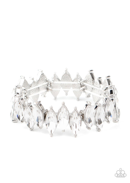 Fiercely Fragmented - Paparazzi - White Marquise Rhinestone Stretchy Bracelet