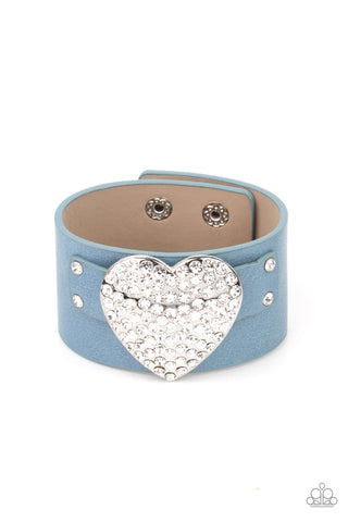 Flauntable Flirt - Paparazzi - Blue Leather White Rhinestone Heart Snap Bracelet
