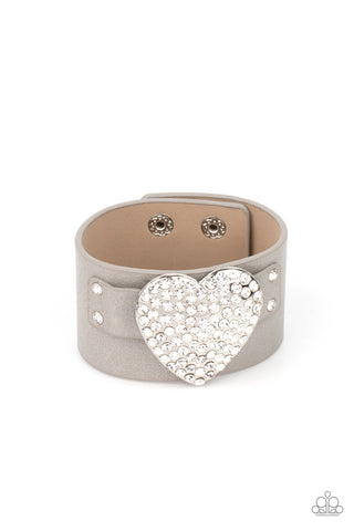 Flauntable Flirt - Paparazzi - Silver Leather White Rhinestone Heart Snap Bracelet