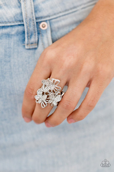 Flighty Flutter - Paparazzi - White Rhinestone Butterfly Summer Party Pack Exclusive Ring