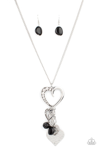 Flirty Fashionista - Paparazzi - Black Bead Heart Rhinestone Cluster Pendant Necklace