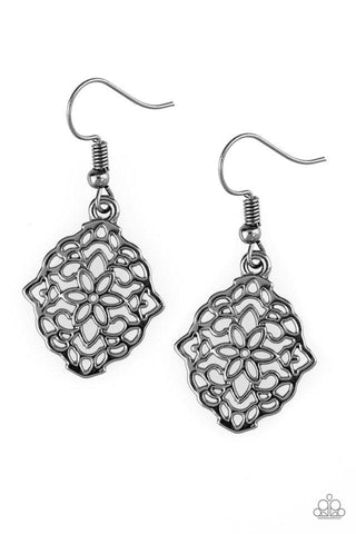 Flirty Florals - Paparazzi - Black Gunmetal Filigree Earrings