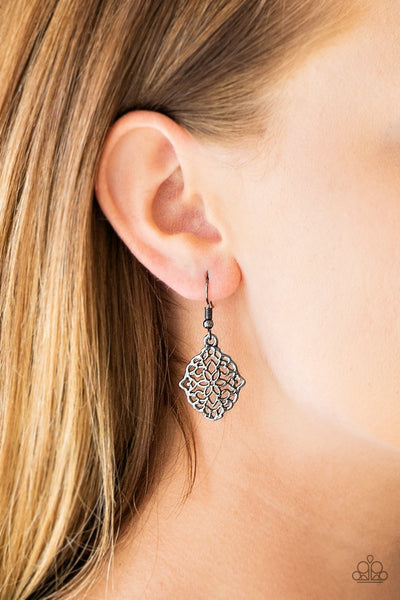 Flirty Florals - Paparazzi - Black Gunmetal Filigree Earrings