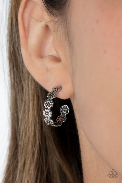 Floral Fad - Paparazzi - Silver Flower Small Hoop Earrings