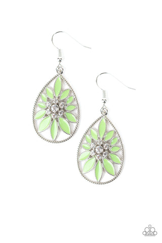 Floral Morals - Paparazzi - Green Floral White Rhinestone Teardrop Earrings