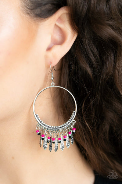 Floral Serenity - Paparazzi - Pink Grey Black Bead Silver Hoop Floral Bar Earrings