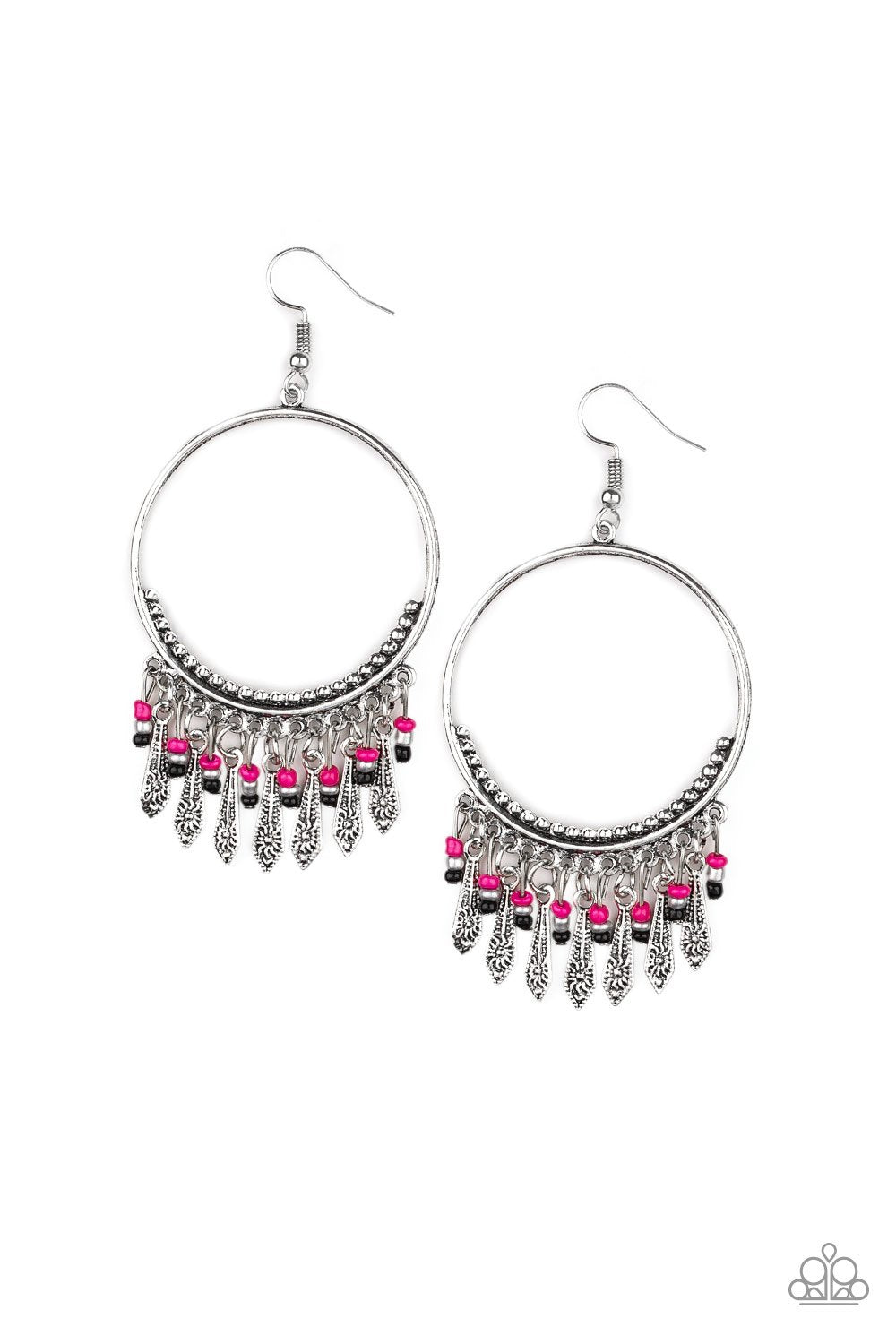 Floral Serenity - Paparazzi - Pink Grey Black Bead Silver Hoop Floral Bar Earrings