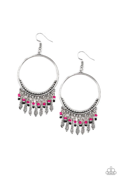 Floral Serenity - Paparazzi - Pink Grey Black Bead Silver Hoop Floral Bar Earrings