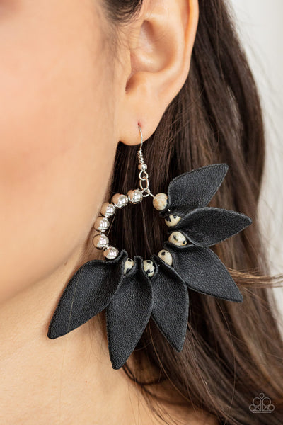 Flower Child Fever - Paparazzi - Black Leather Petal White Stone Earrings